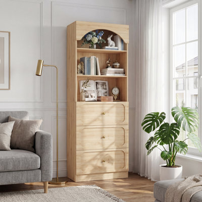 ‌23.6" Arched Wooden Bookcase - 3 Drawers & 3-Tier Shelves, White Pantry Storage For Living Room/Kitchen/Bathroom‌