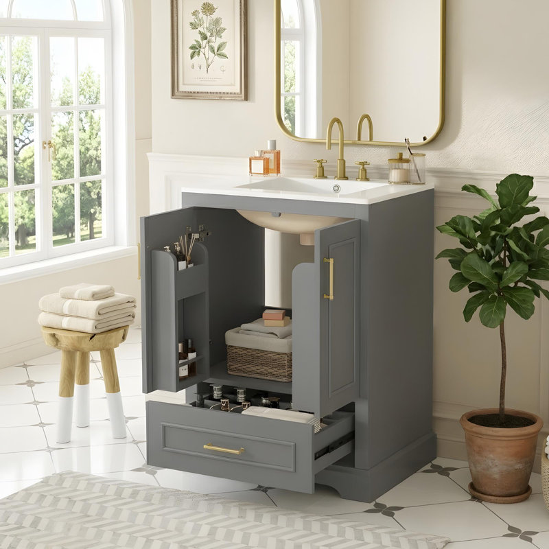 Meuble-lavabo de salle de bain avec lavabo en céramique, tiroirs compartimentés, portes à fermeture en douceur et tablette d'armoire