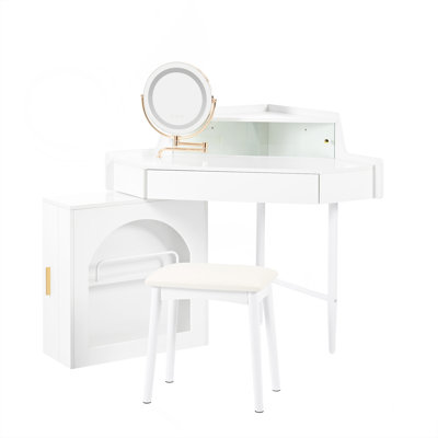 Corner Makeup Vanity Desk With Mirror Led Lights, Modern Vanity Set With Mirror And Stool, Dressing Table With Large Storage For Small Place, Brightness Adjustable Folding Mirror, White