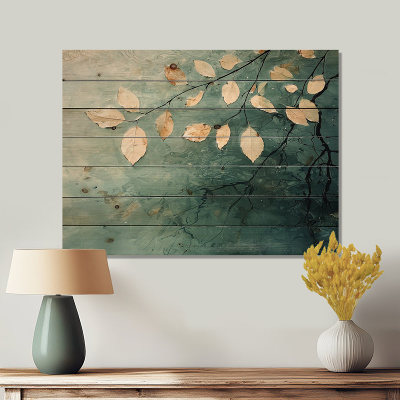 Riverbank Leaves Simplicity Scenery I - Décoration murale en bois de feuilles - sur bois de pin naturel, H 24 po x l 32 po