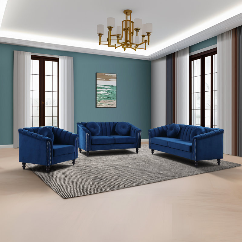 Microfiber 3-piece Couch Living Room Sofa Set, Blue