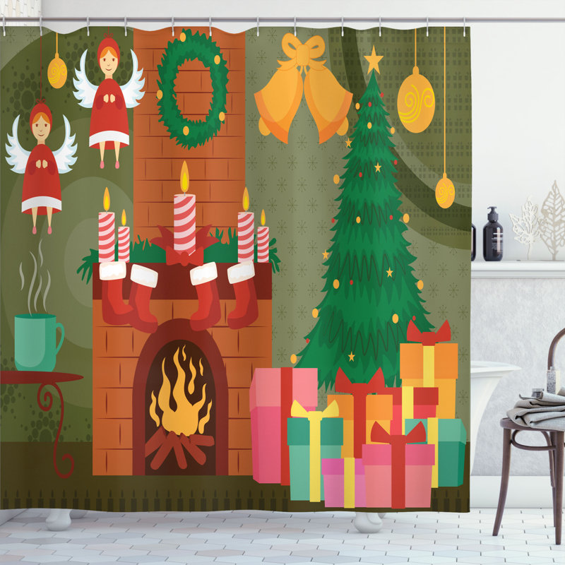 Fireplace Shower Curtain Set + Hooks, 70" H x 69" W