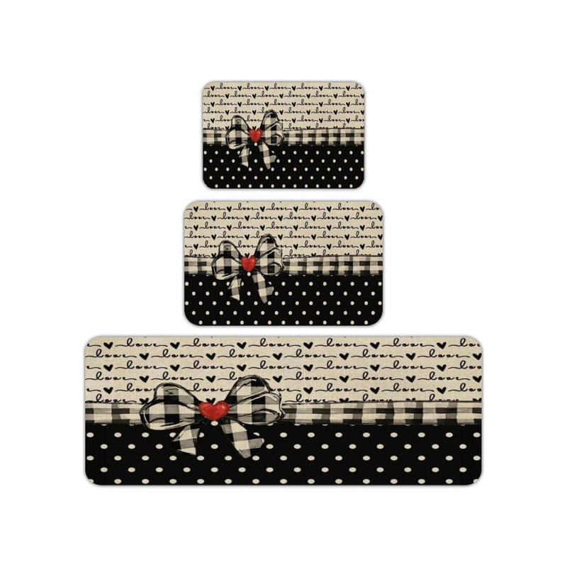 Black White Love Bow Kitchen Mat 3 Pc Set for Kitchen & Entryway