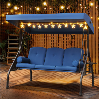 3-Seat Patio Porch Swing with Adjustable Canopy, Convertible Outdoor Swing Bed with Side Trays & Cushions
