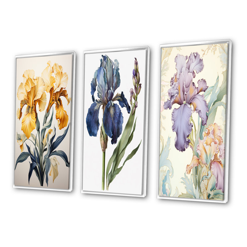 Illustration rétro d'iris dorés - Ensemble de 3 pièces, H 32 po x l 48 po, Cadre flottant blanc