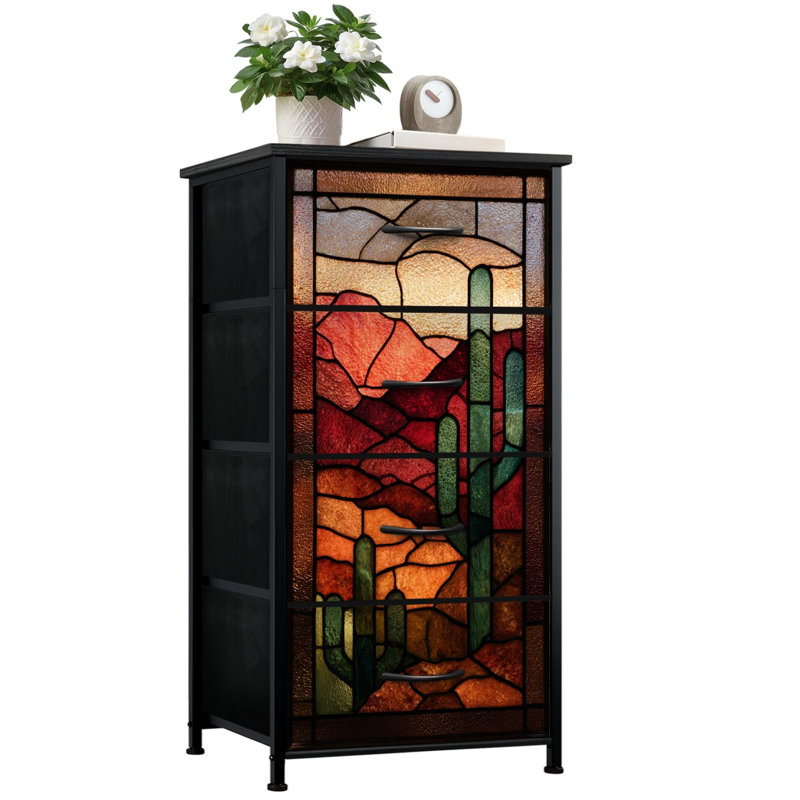 Commode Western pour chambre à coucher avec 4 tiroirs de rangement Commode en verre teinté surélevé de style gothique Saguaro Cacti avec commode en acier pour hall d'entrée