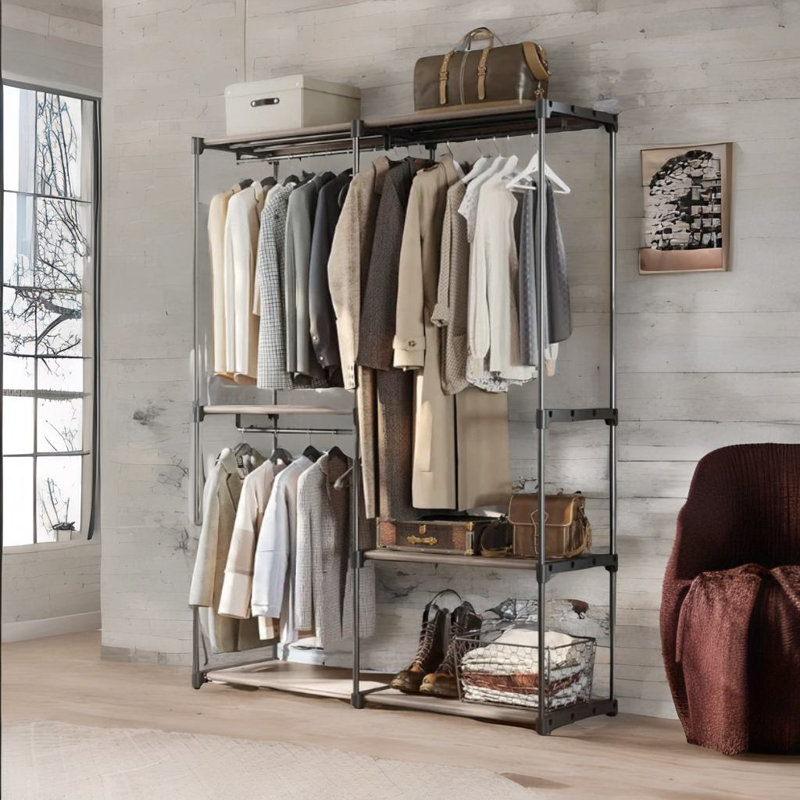 Anghel Industrial Rustic Open Wardrobe Garment Rail With Storage Shelves