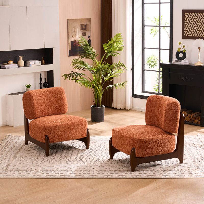 30"W Boucle Armless Upholstered Accent Chair With Solid Wood Leg, Orange