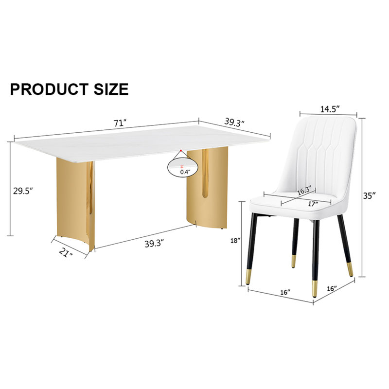 Luxurious Dining Table Set With Marble Pattern Glass Top And Golden Legs