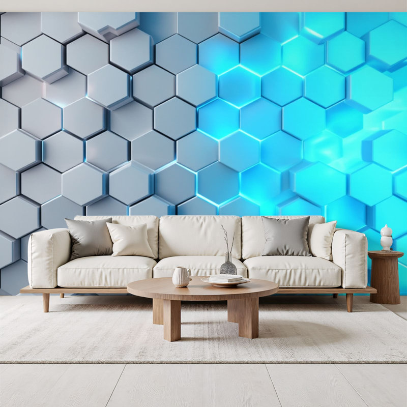 Papier peint adhésif peler et coller abstrait à motif géométrique 3D dégradé bleu gris H 69 po x l 96 po amovible, papier peint mural en PVC auto-adhésif pour chambre à coucher, bureau à domicile