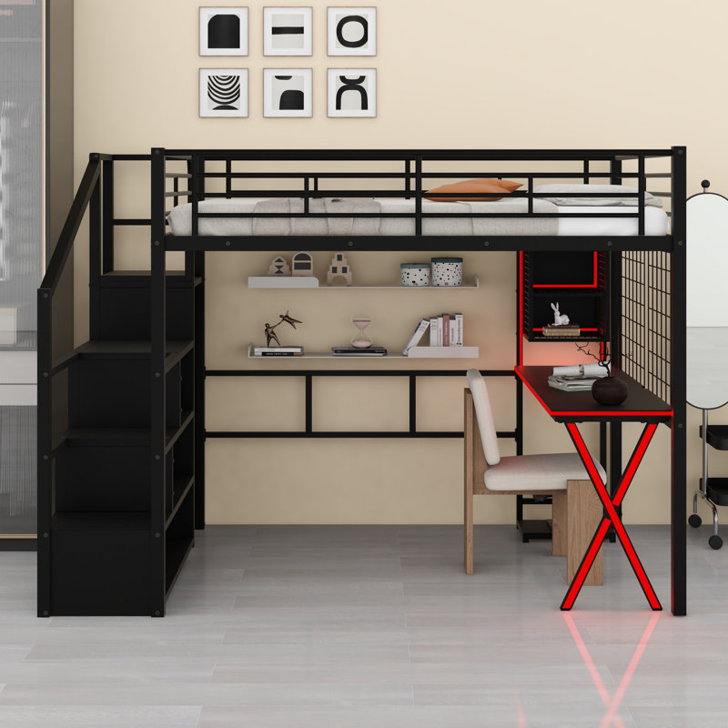 Lit mezzanine moderne avec bureau intégré, garde-robe, escalier de rangement et DEL, Noir