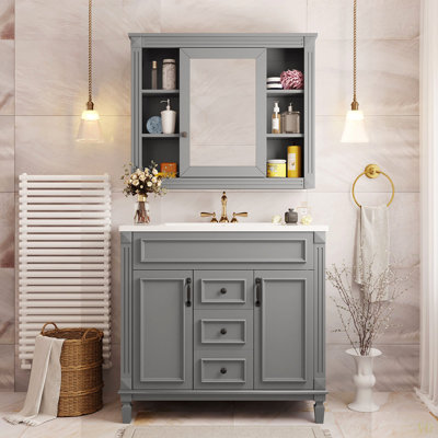 36'' Bathroom Vanity With Top Sink, Mirror Cabinet, Modern Bathroom Storage Cabinet With 2 Soft Closing Doors And 2 Drawers, Single Sink Bathroom Vanity