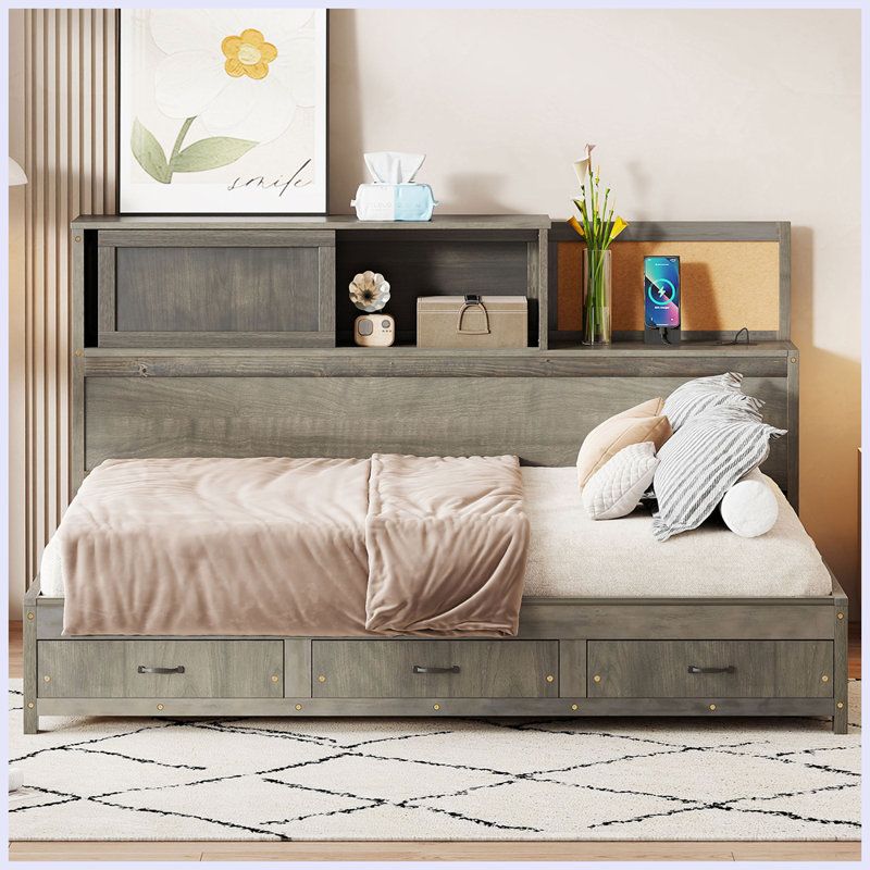 Lit de jour moderne en bois avec 3 tiroirs de rangement, Noyer
