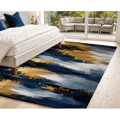 Tapis lavable à la machine abstrait avec éclaboussures abstraites et or bleu, envers antidérapant, tapis à motif coup de pinceau artistique moderne, décoration intérieure confortable pour le salon, la chambre à coucher, la salle à manger, le bureau, le coin-détente, un appartement, un couloir