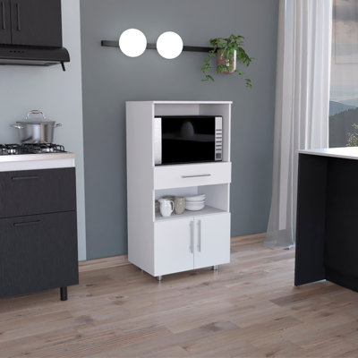 Kitchen Pantry H 48 po, deux tablettes de rangement ouvertes, une pour micro-ondes, deux portes, quatre pieds, blanc