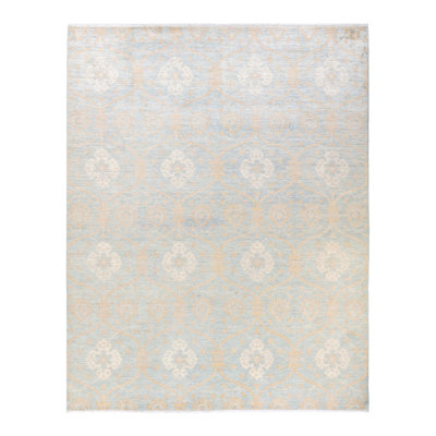 Tapis bleu clair / beige en laine noué à la main de conception unique 7 pi 10 po x 10 pi 1 po New Age