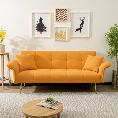 70" Teddy Fleece Convertible Sofa Bed, Adjustable Backrest & Arms, Yellow Futon Loveseat for Small Space Living Room & Bedroom