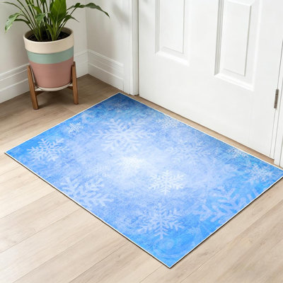 Blue Machine Washable,with Snowflakes Snowflake Ice Winter Indoor Area Rug