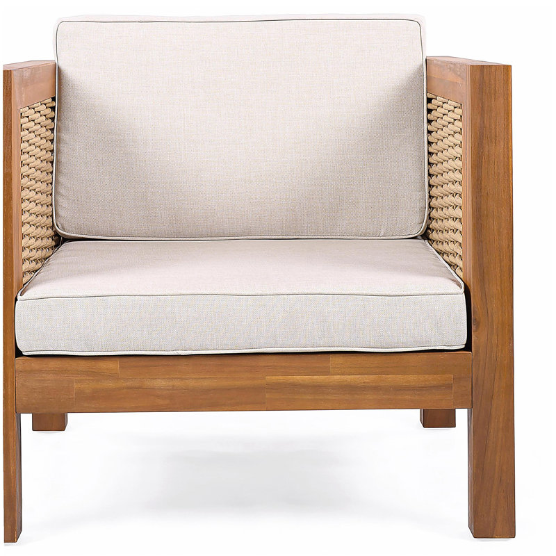 Fauteuil club d'extérieur en bois d'acacia avec accoudoirs en osier et coussins beiges, capacité de 400 lb