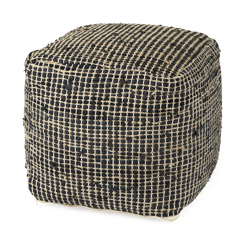 0H Leather And Jute Pouf, Charcoal