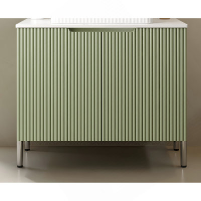 30 po. Comptoir en pierre artificielle blanche autoportante de Carrare 30 po et armoire verte avec deux portes, sans lavabo, sans robinet ni couvercle d'évier