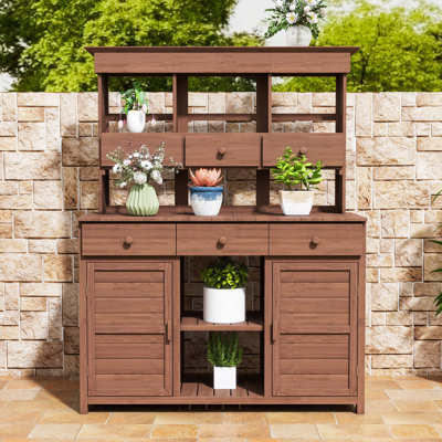 Rustic Garden Potting Bench Table with Hutch, 6 Drawers, Shelves, 2 Cabinets and Side Hooks