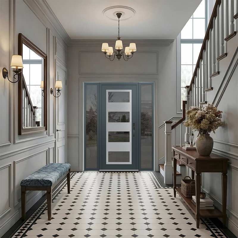 Porte d'entrée avant prémontée à 2 panneaux latéraux en acier argenté anthracite / anthracite, L 69 po x H 81,69 po, Gelé