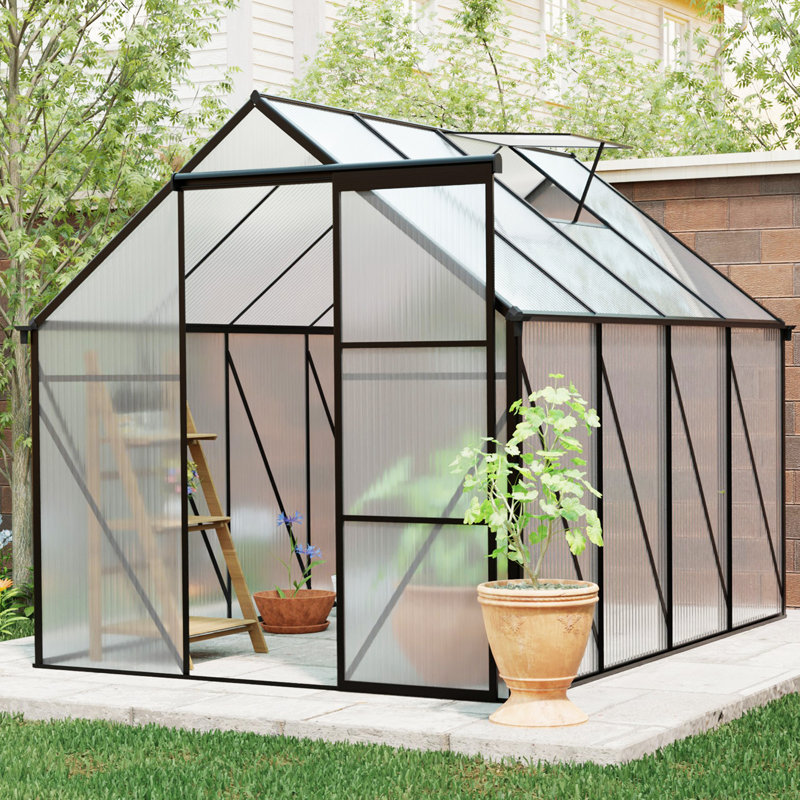 Polycarbonate Aluminum Frame Greenhouse With Ventilation And Rain Gutter Walk In Greenhouse For Outdoors, Black