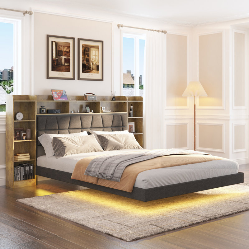 Upholstered Platform Floating Bed with Bookcase Storage Headboard