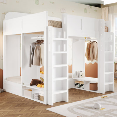 Triple Bunk Loft Bed with Storage Shelves & Hooks, Twin + Twin over Twin XL, Space-Saving Kids Bed,Gray