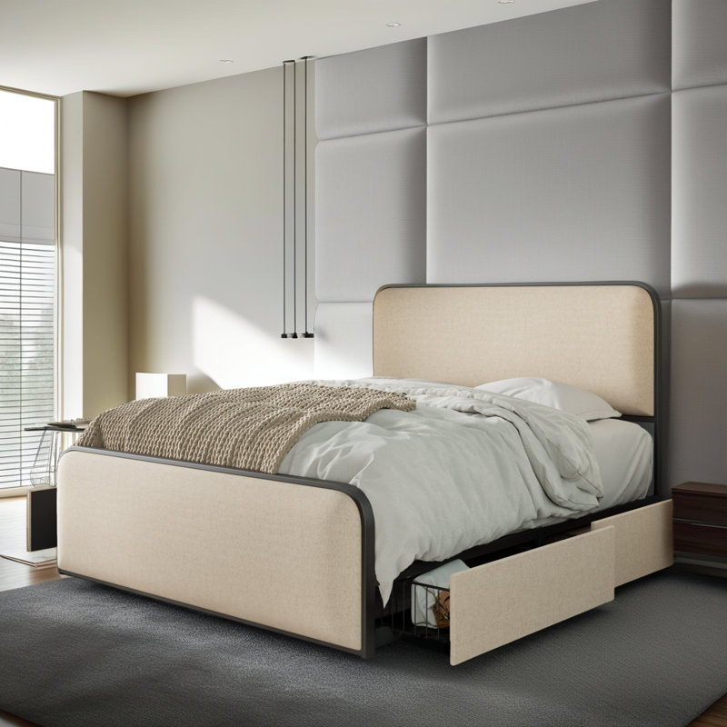Lit tapissier moderne avec 4 tiroirs de rangement - Tête de lit en lin beige, structure en métal robuste, capacité de 800 lb