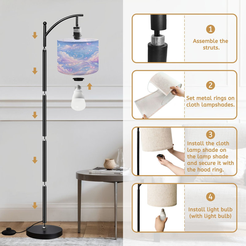  Arc Floor Lamp Whimsical Butterfly Dreamscape Soft Pastel Clouds Ribbons Tall Modern Standing Lamp LED Adjustable Linen Lampshade 3 Color Temperatures