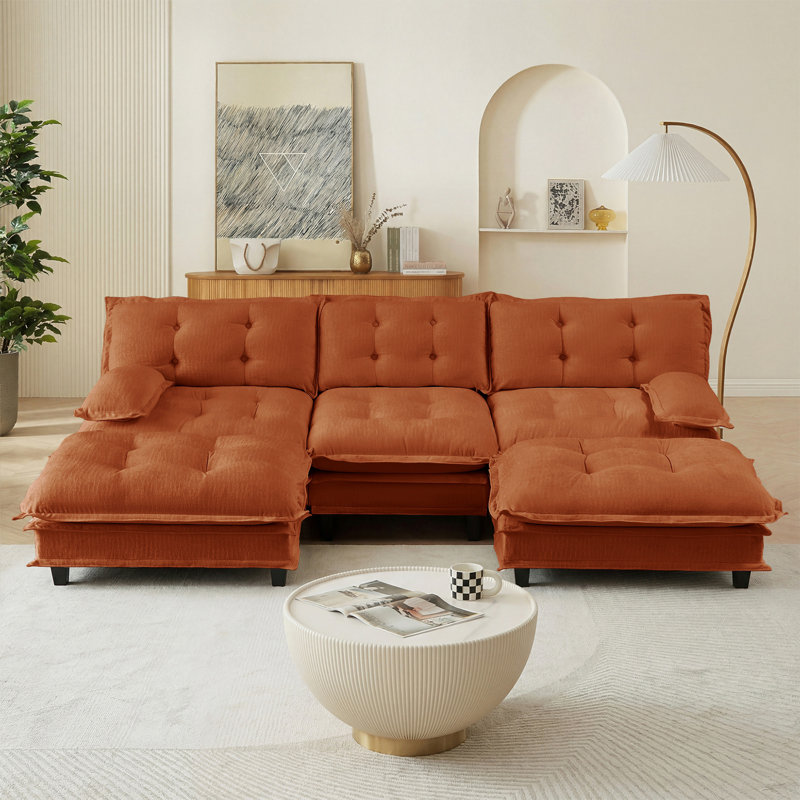 107" U Shaped Modern Sofa Modular Sectional Cloud Couch with  2 Ottomans, 3-Seat Chenille Deep Seat Sofa with Comfy Lattice Decored Seat Cushion, Bedroom and Apartment, Orange