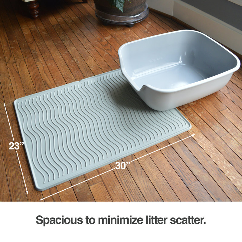 Large Gray Silicone Cat Litter Mat with Raised Lip
