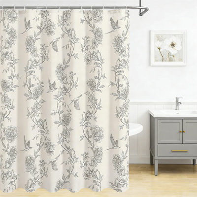Ensemble de rideau de douche Cottagecore, motif floral de colibri, décor de salle de bain de style campagne moderne, tissu en mélange de coton avec œillets en métal