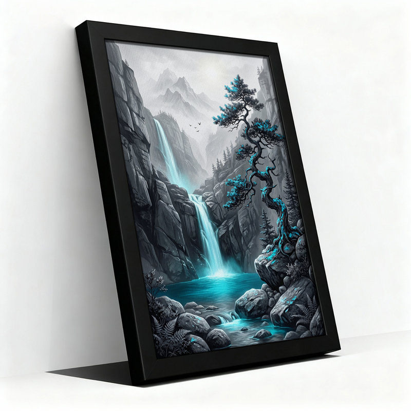«Cyan Pine Tree Beside Waterfall In Misty Canyon», art mural sur toile, H 36 po x l 24 po
