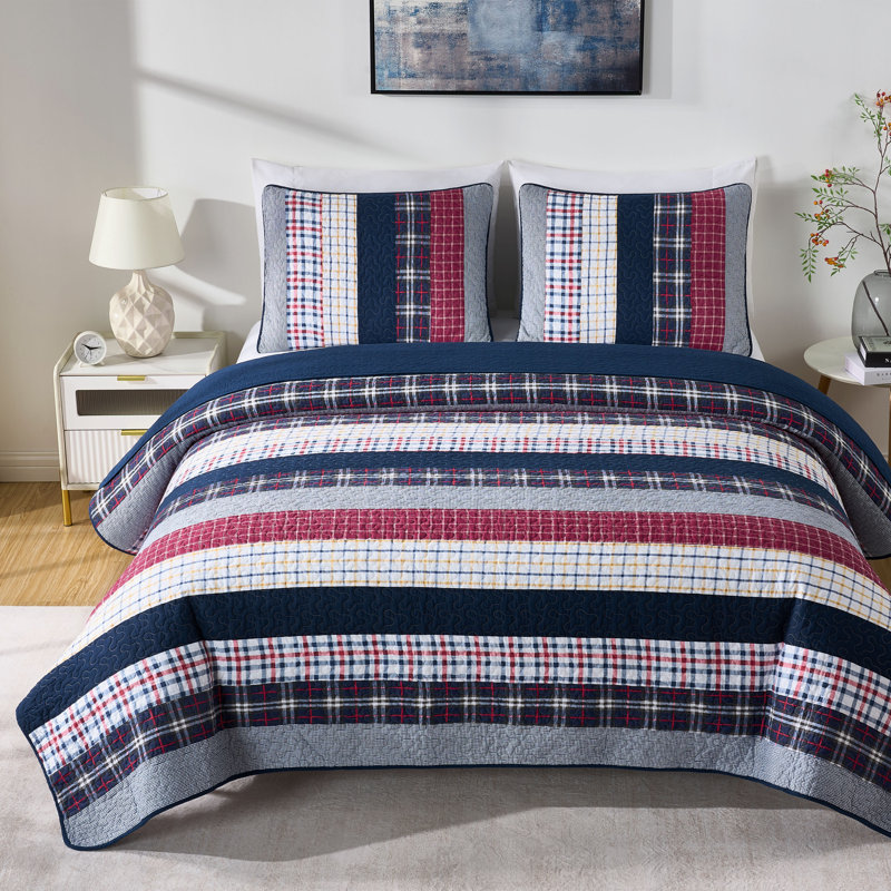 Navy Blue Striped Washed Cotton Quilt Set, Queen Quilt + 2 Shams