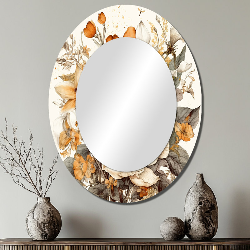 Traduction libre Bouquet de fleurs crème et oranges II - Grand miroir mural ovale sur métal, 40 po x 30 po