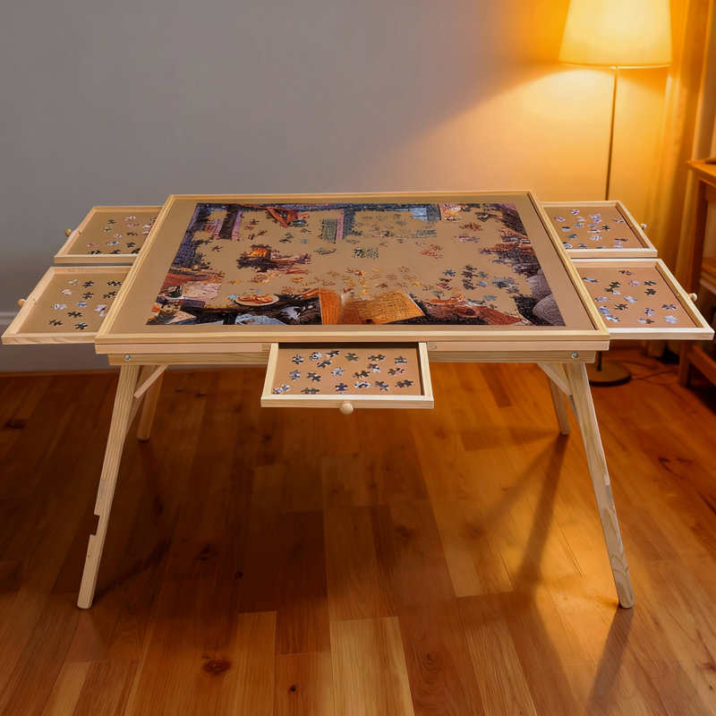 Grande table de casse-tête de 27 pièces avec pieds et 5 tiroirs, H 27 po x l 34 po x P 26 po, planche de puzzle pliante en bois pour adultes, nature