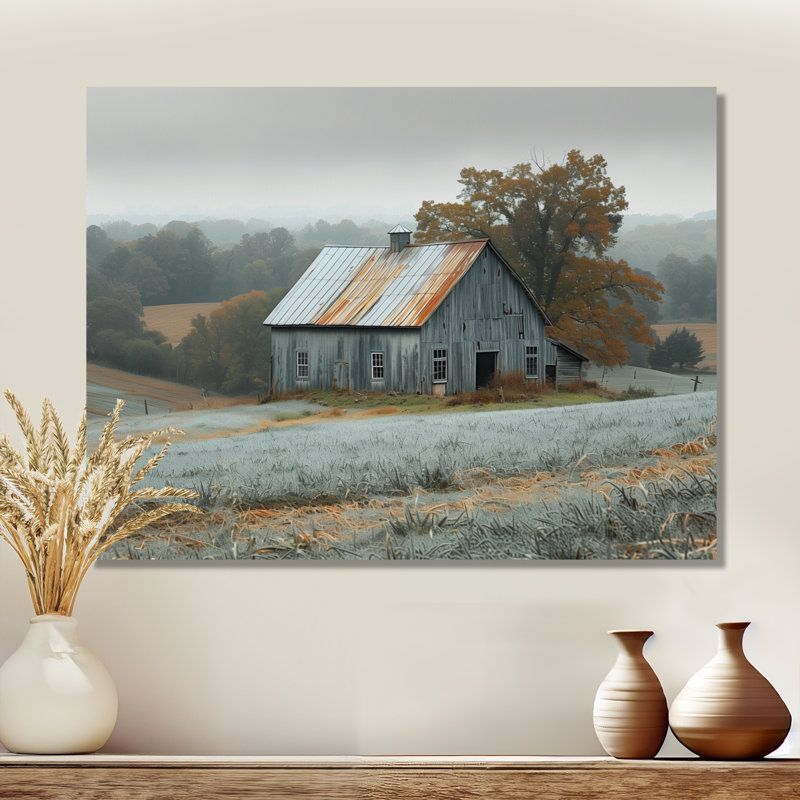 Hiver gris, automne, grange, ferme, patrimoine - art mural grange, H 34 po x l 44 po x P 1,5 po, Toile tendue