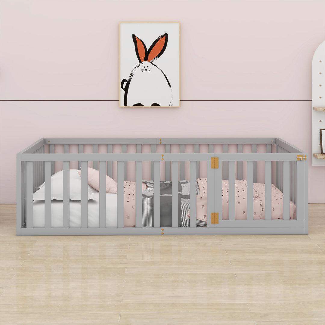 Wooden Floor Bed Frame With Fence and Door Winston Porter 