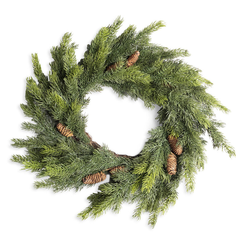 Green Fir Artificial Christmas Wreath with Pine Cones, Realistic PE Finish for Indoor or Sheltered Outdoor Display