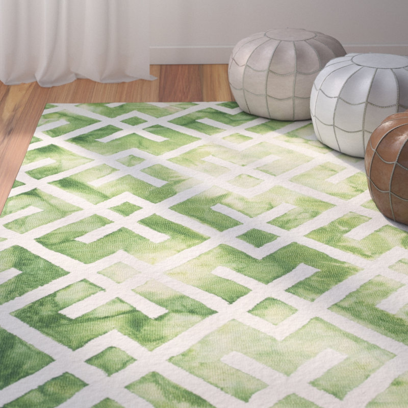 Bryauna Hand Tufted Wool/Cotton Geometric Rug in Ivory/Green, Rectangle 8' x 10'