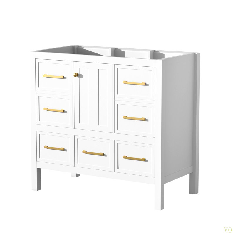Meuble-lavabo de 36 po sans lavabo, armoire de rangement en bois massif, meuble-lavabo autoportant avec 5 tiroirs et portes à fermeture douce