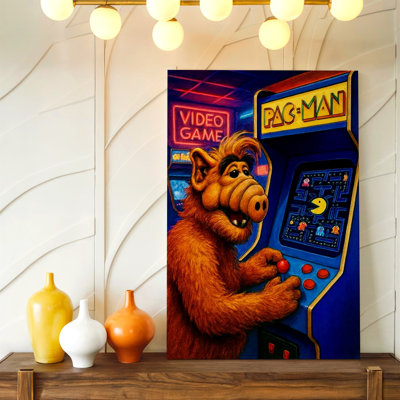 Retro Arcade Game Alien Character Playing Video Game Neon Poster Print Wall Art, Decorative Home Accent, Game Room, Office and Media Room Decor, Gallery Wall Artwork, Modern Interior Styling