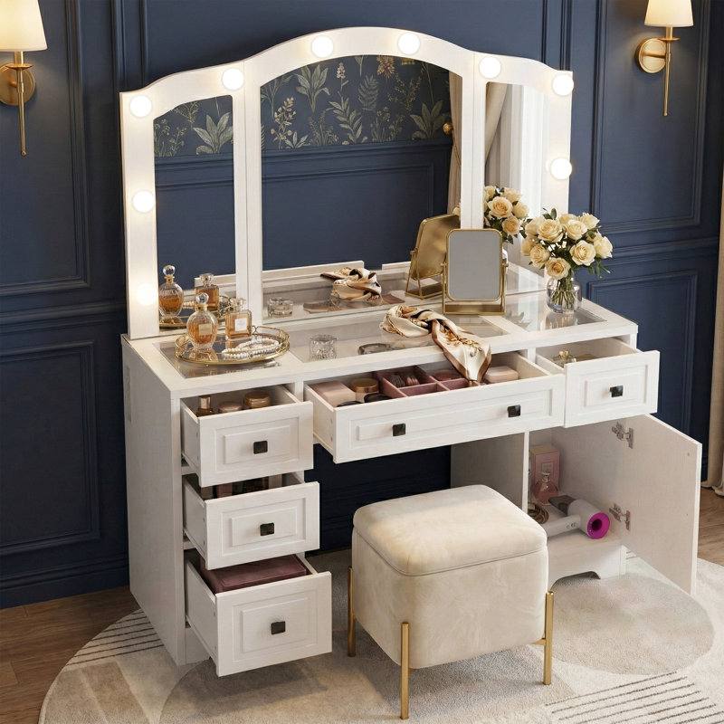 Large White Vanity Desk with Tri-Fold Lighted Mirror, Makeup Vanity Table with Built-in Power Outlets, Hair Dryer Rack, Glass Top & 5Drawers