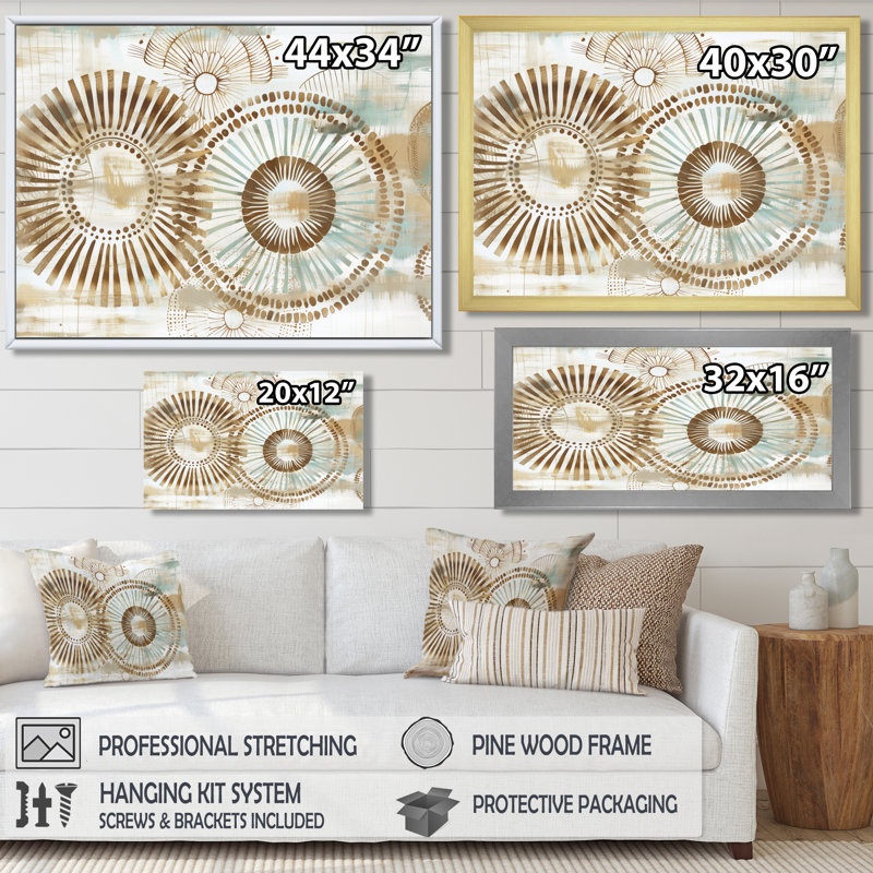 Beige bohémien bohémien mandala spirale I - décoration murale mosaïque boho, Cadre flottant doré, H 12 po x l 20 po