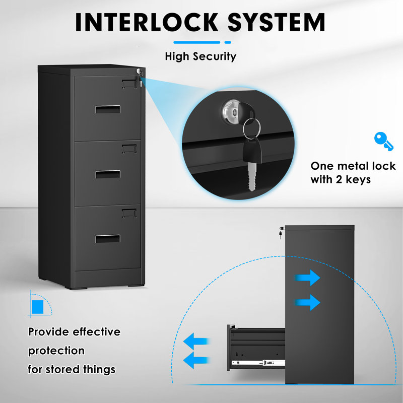 15'' Wide 3 Drawer Metal Vertical Storage File Cabinet with Lock, Black