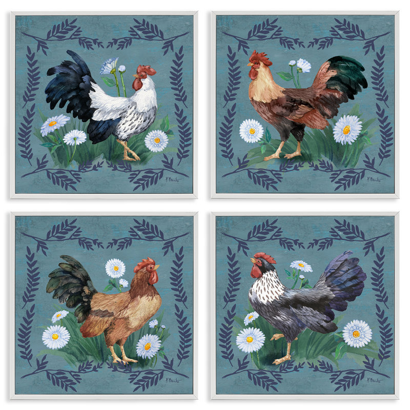 «Country Ferns & Roosters», ensemble de 4 giclées par Paul Brent, Estampe numérique encadrée blanc bord de mer