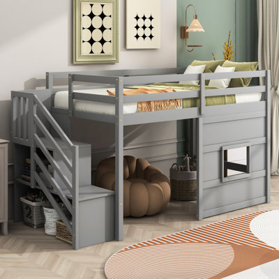 Gray Twin Size Loft Bed With Practical Storage Staircase And Attractive Window - Wood For A Restful Bedroom & Staircase, Color Decor